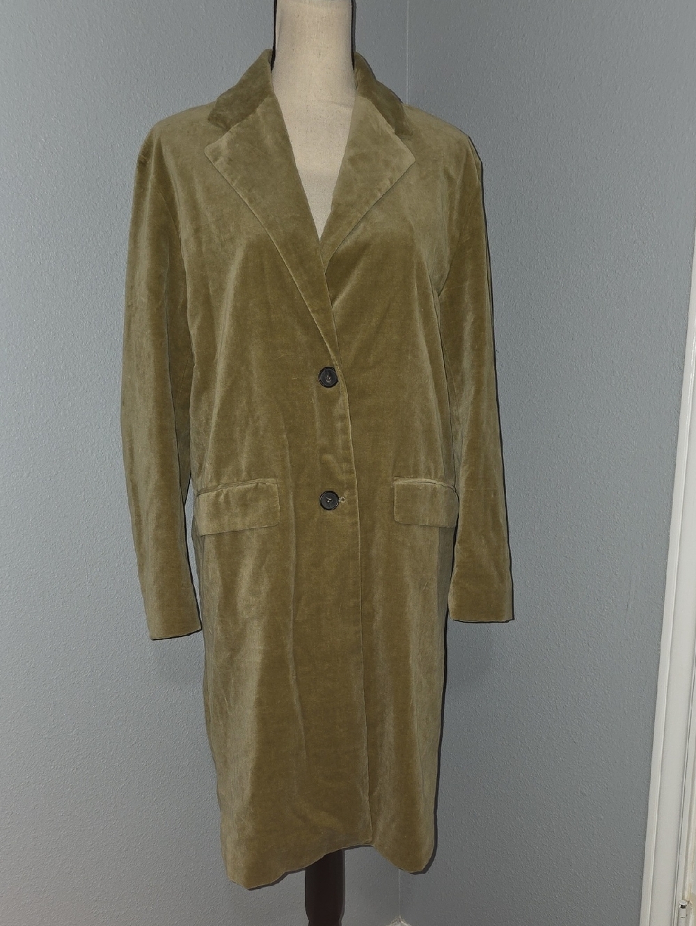 Zara Olive Velvet Long Trench Coat Sz S